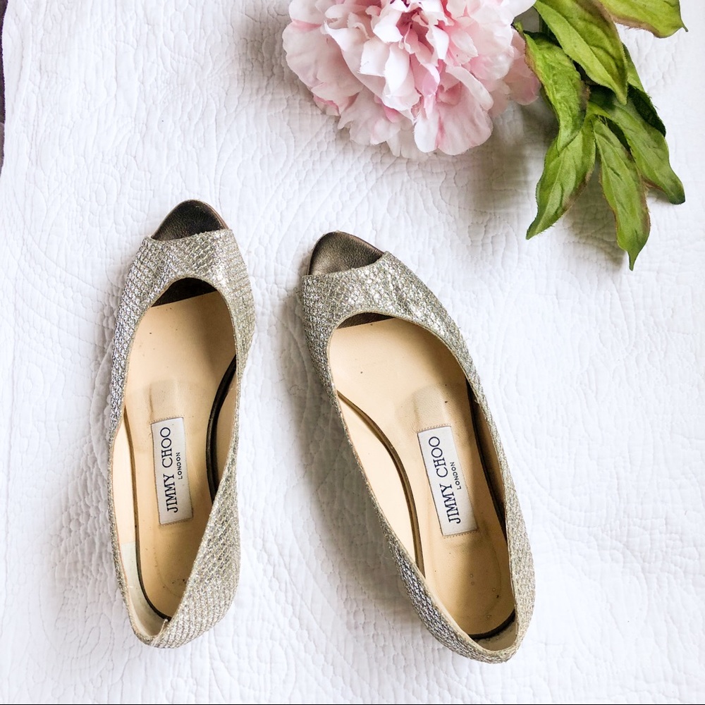 Jimmy Choo Peep Toe Flats 5.5 Silver and Gold